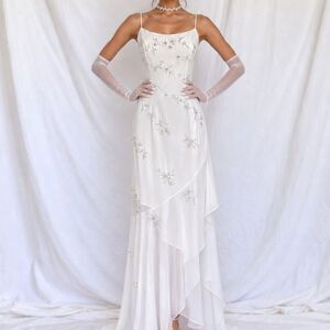 Vintage White Floral Beaded Ruffle High Low Fit Flared Formal Prom Dress Size S